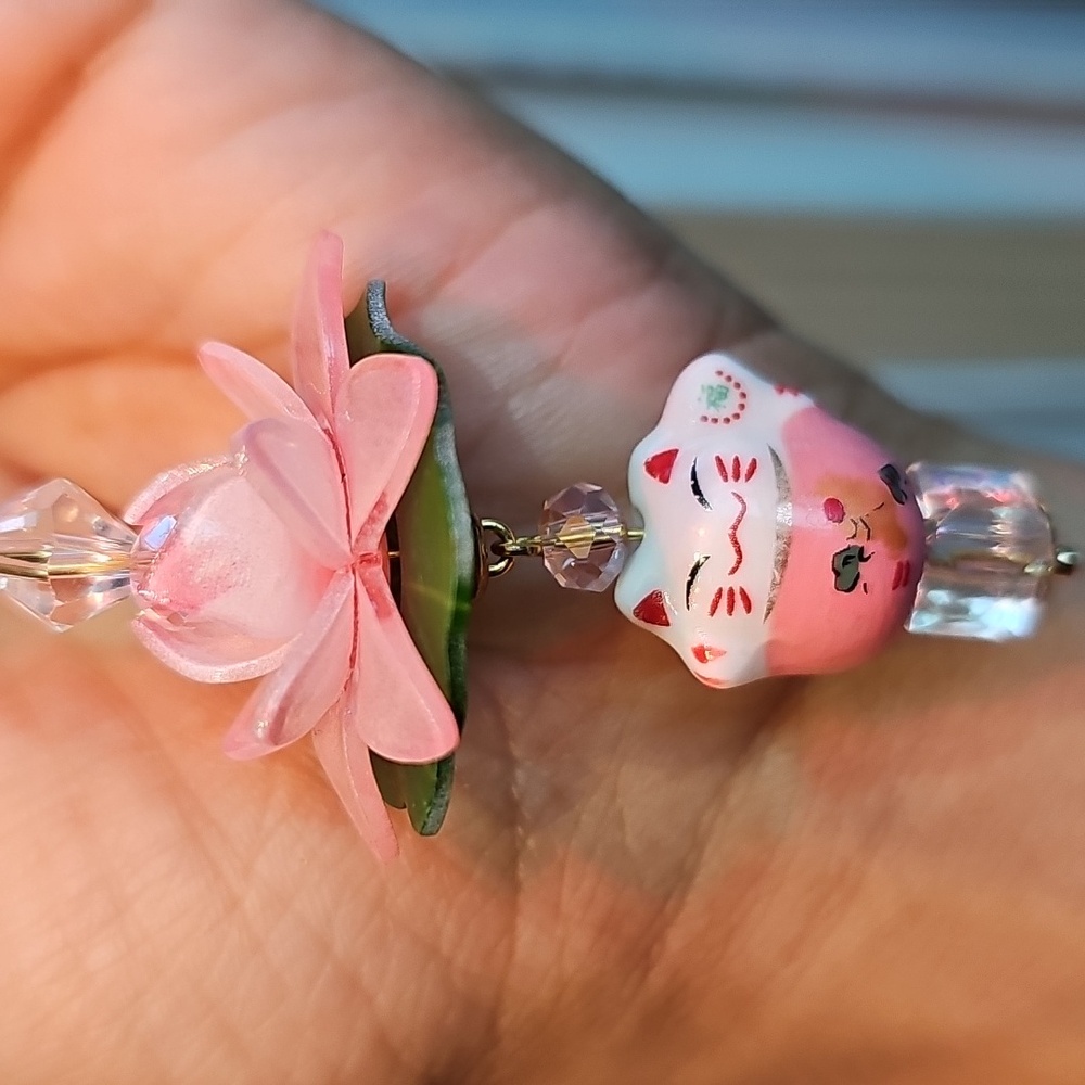 Lucky Cat Lotus Charm with Crystal Accents